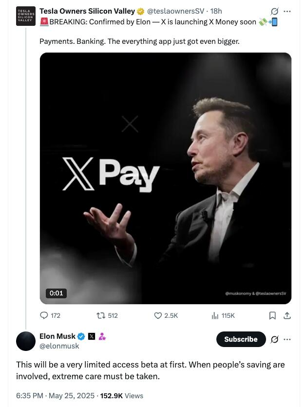 效仿微信支付?马斯克确认将推出“X Money” 效仿微信支付?马斯克确认将推出“X Money”